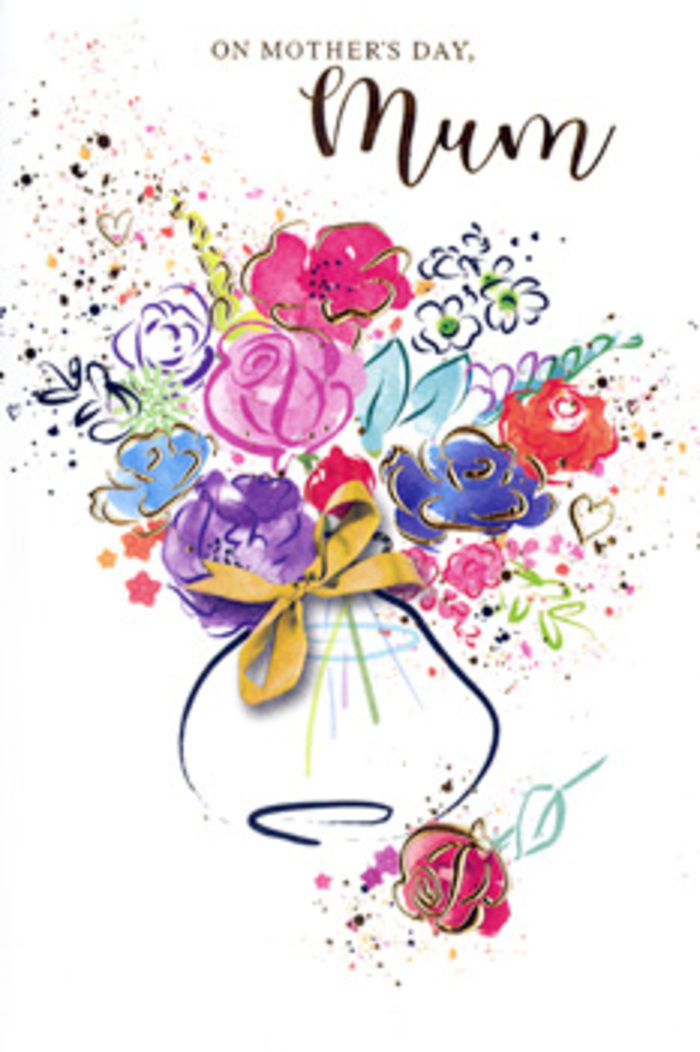 The illustration on this Mother's Day card unfolds like a floral daydream, capturing the essence of a hand-arranged bouquet through loose, confident watercolour strokes that feel right at home in Epsom's calm, leafy surroundings. At the centre sit lush cerise blooms, their petals fanning outward in rounded layers, edged with pools of deep indigo that lend them depth and definition without losing their softness. These vivid flowers are surrounded by floating patches of rose pink, cool blue, and gentle lilac, each hue running slightly into the next so the arrangement feels alive and unrestrained, like flowers swaying on a mild spring afternoon near Epsom Common. Subtle hints of green nestle among the colours, suggesting foliage and stems without crowding the design, while graceful accents of metallic gold pick out certain petal edges, veins, and outlines. These golden traces add a refined sparkle, reminiscent of the way light grazes the surface of fresh blooms in a flower shop just before they're wrapped and sent out for delivery. The bouquet emerges from a softly shaped vase painted in translucent blue-grey, its base tied with a neat gold bow that calls to mind the final flourish of ribbon a florist adds by hand. Around the edges of the bouquet, scattered hearts and small paint splatters dance across the white background, like fragments of laughter and affection that linger after a family gathering in a home near Epsom College or along the peaceful residential streets. Altogether, the composition radiates warmth, tenderness, and gratitude-the emotions behind every Mother's Day gesture captured in colour and line.