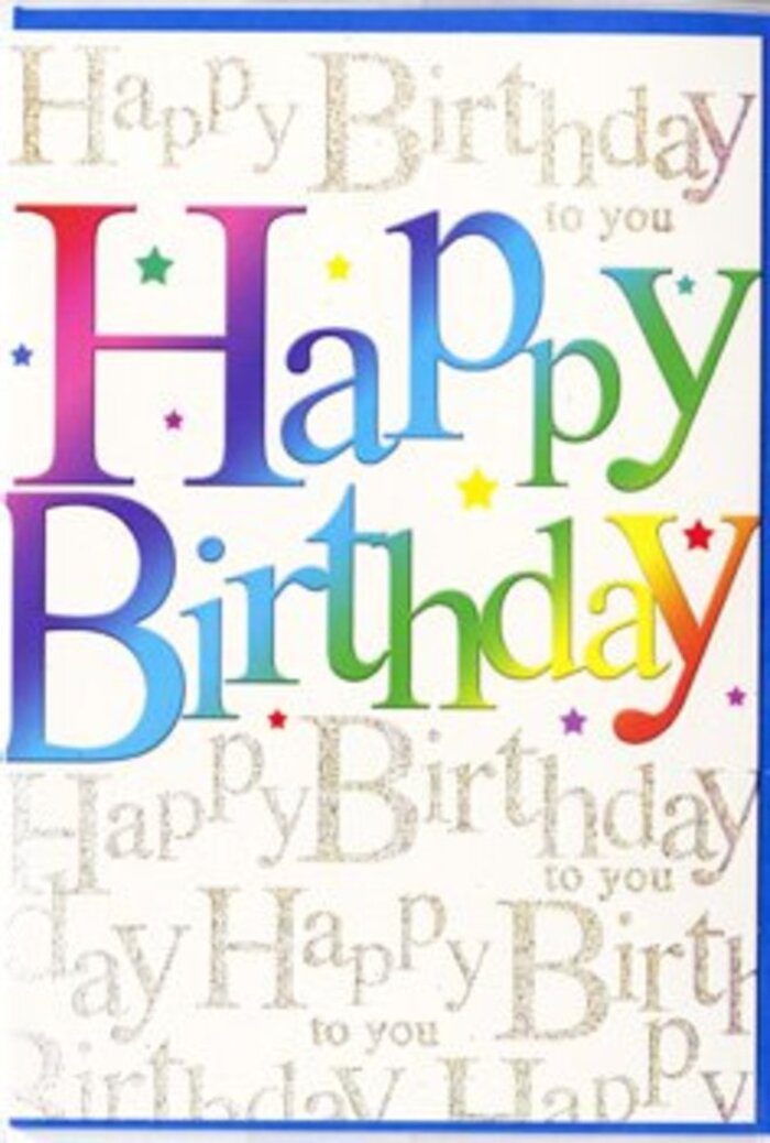 In this image, a birthday card brims with vibrant colour and quiet elegance, much like the atmosphere of a family gathering after a leisurely walk on Epsom Downs. Across the centre, the words Happy Birthday flow in bold, well-spaced letters, each shaped with smooth curves that give them a friendly, approachable feel. Inside every letter, the colour shifts gradually, creating a continuous rainbow effect: opulent reds blend into burnt orange and golden yellow, which soften into bright grassy greens, slide into aqua and mid-blue, and finally deepen into royal purple. The gradient is fluid and carefully blended, creating the impression of soft brushstrokes layered by hand. The lettering appears slightly raised and glossy, suggesting a premium print finish that catches light as the card is moved. Behind this vibrant message, the background is entirely overlaid with fine golden script, repeating Happy Birthday to you in elegant, looping handwriting. The metallic gold ink glimmers gently, not as a heavy glitter but as a refined, luminous sheen, similar to early evening light reflecting on shop windows along Epsom's main streets. This repeating script forms a subtle pattern that adds depth and richness, as though the card itself is humming a soft birthday tune. Delicate specks, dots, and tiny star-like marks in complementary colours appear around the main words, reminiscent of confetti frozen mid-flight or tiny lights scattered through the design. The card's overall feel is that of a carefully curated celebration: spirited, colourful, and yet gracefully understated. It's the kind of card that would pair beautifully with a hand-tied bouquet delivered across Epsom, making the recipient feel distinctly seen and warmly celebrated.