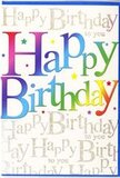 The birthday card shown here radiates joyful celebration with the poised elegance you might associate with a special evening out near Epsom Playhouse. The central focus is the phrase Happy Birthday, spelled out in large, flowing letters that arch gently across the card, like a festive banner stretched above a table set for cake and candles. Each letter shimmers with a soft rainbow gradient: rich crimson and magenta slip into warm apricot and lemon, then drift into zesty greens, tranquil aquas, and deep twilight blues and purples. The transitions are silky, giving the impression of colour washed on in delicate, overlapping layers. The lettering has a subtly glossy finish, so it seems to catch and hold the light, making the words appear almost three-dimensional. Behind this vibrant greeting, the background is adorned with continuous lines of golden cursive script, repeating Happy Birthday to you in graceful, looping strokes. The metallic gold ink glows with a gentle sheen-less like bold glitter and more like the refined glimmer of jewellery in a boutique window on Epsom's High Street. This background script forms a lyrical pattern that enhances the sense of a song or chorus woven into the card. Light flecks, dots, and delicate star-shaped accents in complementing colours hover around the main wording, suggesting falling confetti or the sparkle of candles just blown out. The design balances youthful exuberance with tasteful detail, making it suitable for both lively parties and more intimate celebrations. As a florist familiar with crafting colourful birthday bouquets for local delivery, I'd say this card mirrors a well-designed arrangement: vibrant, multi-layered, and created to turn a simple happy birthday into a moment that feels truly special.
