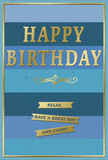 The birthday card in this scene combines tranquil colour and subtle luxury, echoing the gentle charm of Epsom's town centre on a bright day. Its background is made up of generous horizontal bands of blue, stacked like calm waves. The lowest stripe is a deep navy, grounding the design, while the bands rise gradually through denim and teal shades to pale, almost silvery blue at the top. This layered effect creates a soothing gradient that draws the eyes upward. Across the middle of the card, the greeting HAPPY BIRTHDAY appears in tall, embossed gold capitals. The metallic finish catches any available light, producing a soft gleam that suggests quality without feeling overdone. The letters are slightly raised, giving a pleasing texture that would be noticeable to the fingertips. Just below the greeting, a delicate gold flourish curves in mirrored scrolls from the center, reminiscent of vintage invitations or decorative ironwork. Under this flourish, three slim, neatly aligned golden banners carry a friendly message: Relax, have a great day and enjoy! The phrase is uncomplicated and sincere, like a warm birthday wish exchanged over coffee in a café off the High Street. A fine gold line traces the perimeter of the card, framing the blues and gold details with simple elegance. The overall impression is of thoughtful, peaceful celebration-perfect for someone who appreciates calm beauty. It's easy to picture this card propped beside a vase of fresh birthday flowers in an Epsom home, its layered blues reflecting the daylight while the gold elements glow gently, setting a relaxed, joyful mood for the special day.